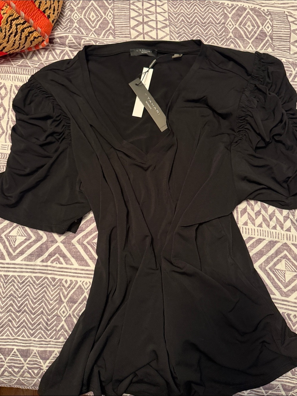 Tahari Black V-Neck Ruched Sleeve Top